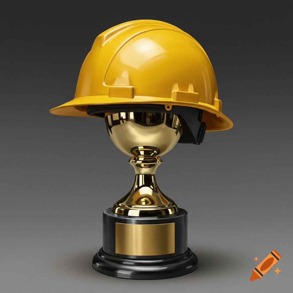 Gold trophy with a yellow hard hat on top, against a grey background.