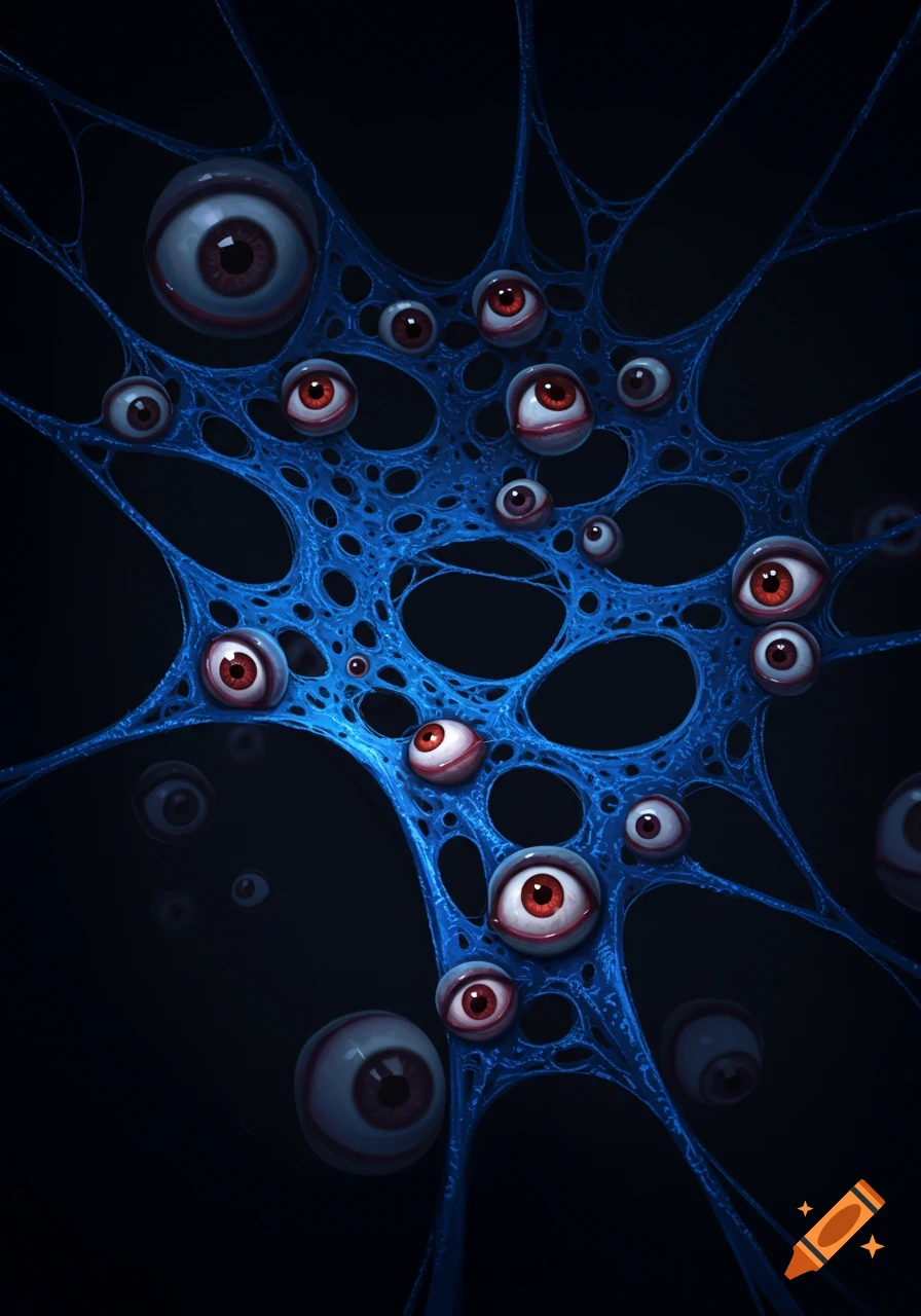Realistic eyeballs in a blue web on a dark background.