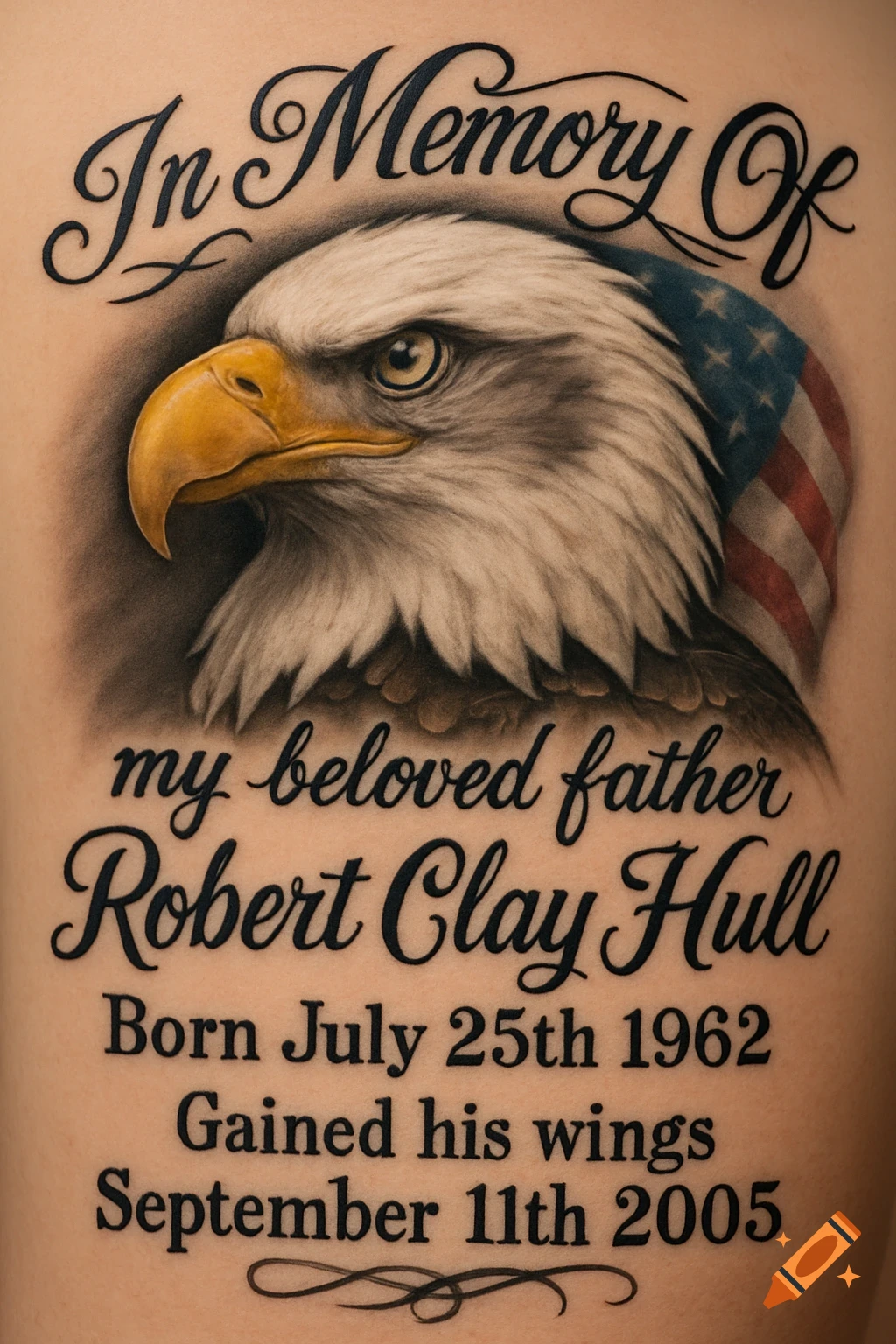 Memorial tattoo of an eagle wearing an American flag with text below.