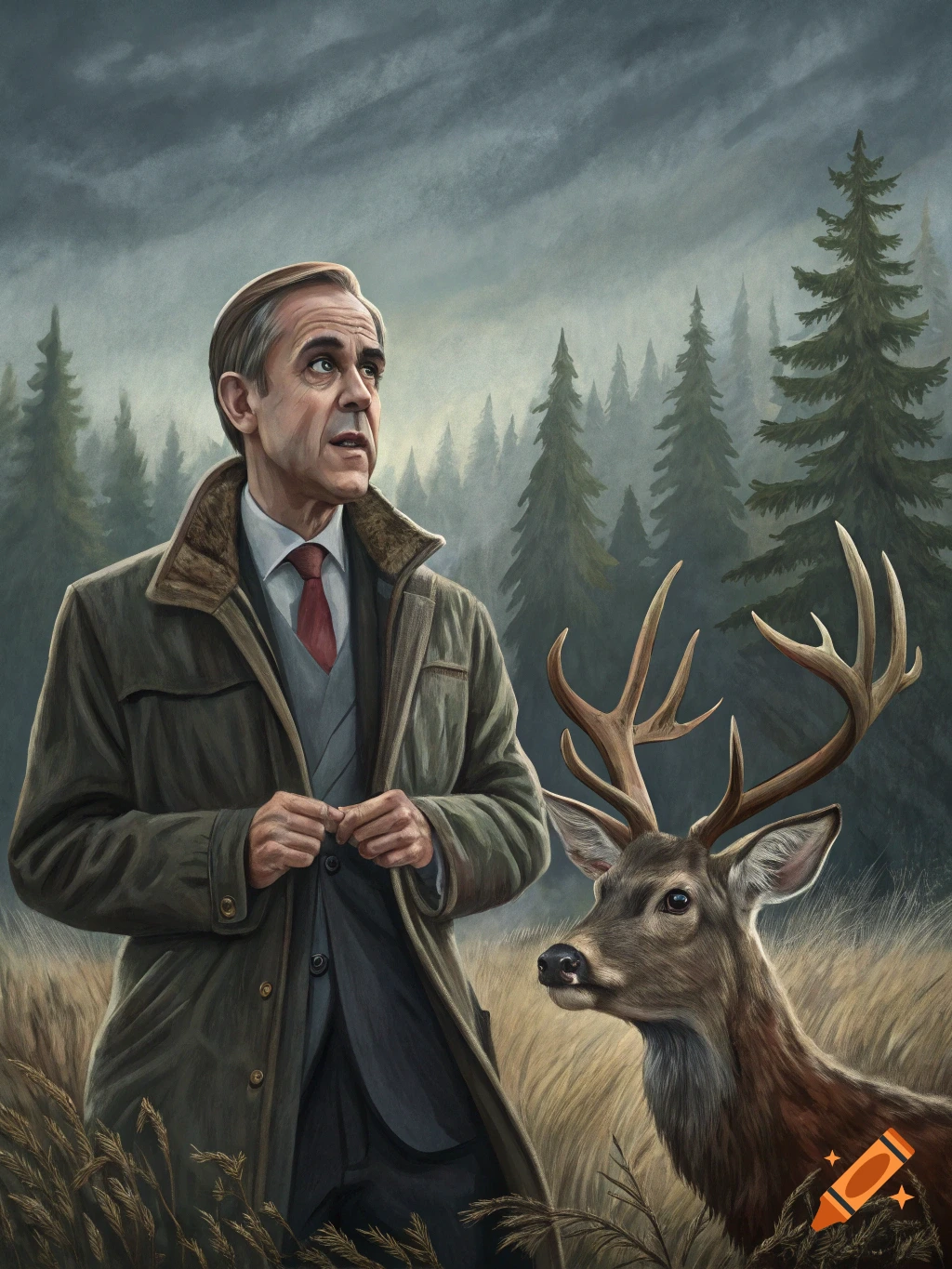 A man in a coat stands next to a deer in a forest, painting.