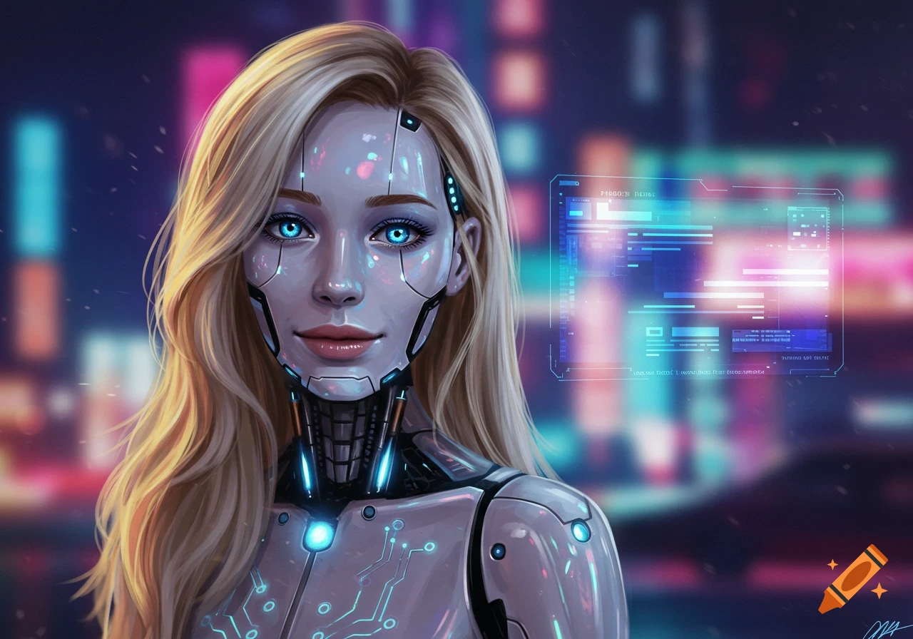 Close-up of a cyborg woman with blonde hair and blue eyes against a blurry futuristic city background with a holographic screen.