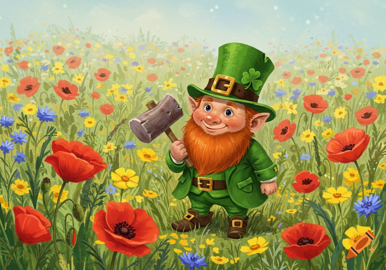 Illustration of a cheerful leprechaun holding a hammer in a field of colorful wildflowers.