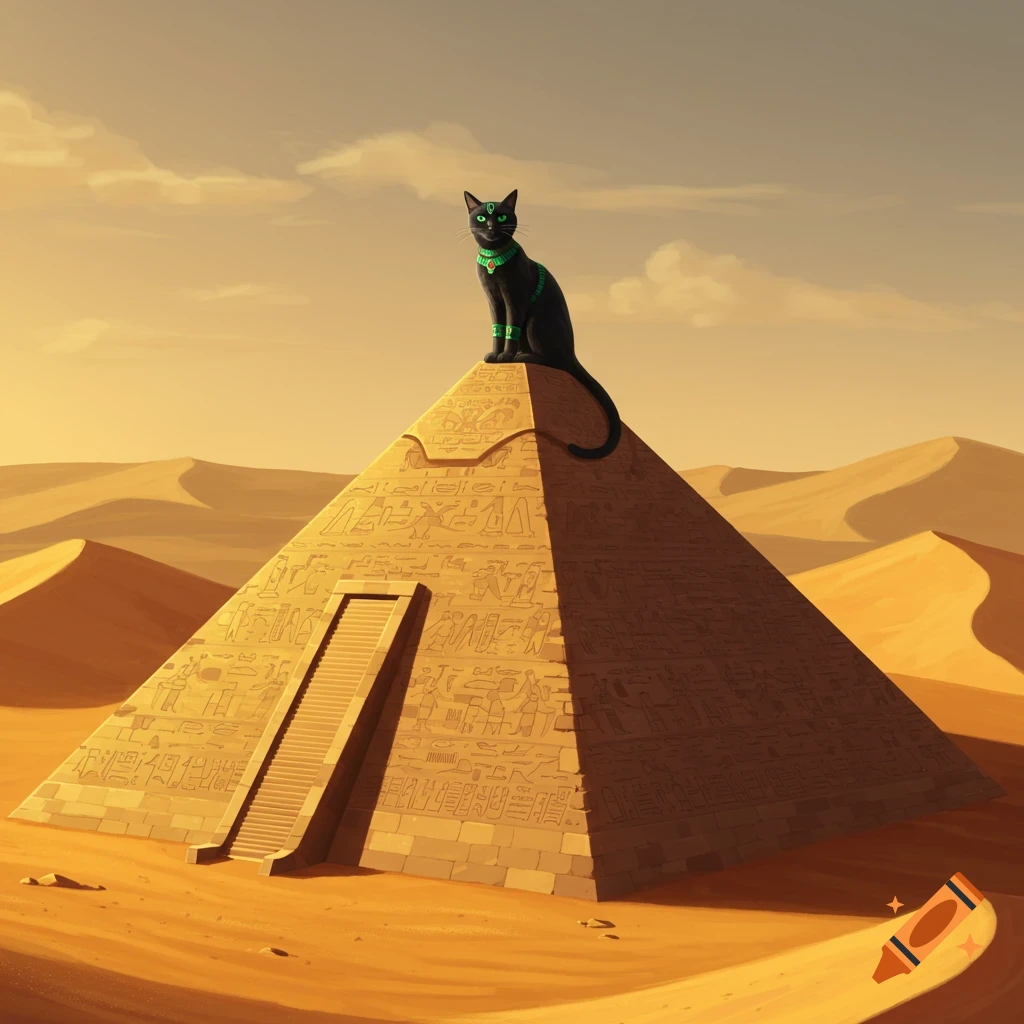 Black cat with green jewelry sits on a pyramid covered in hieroglyphs in a sandy desert at sunset, illustrated style.