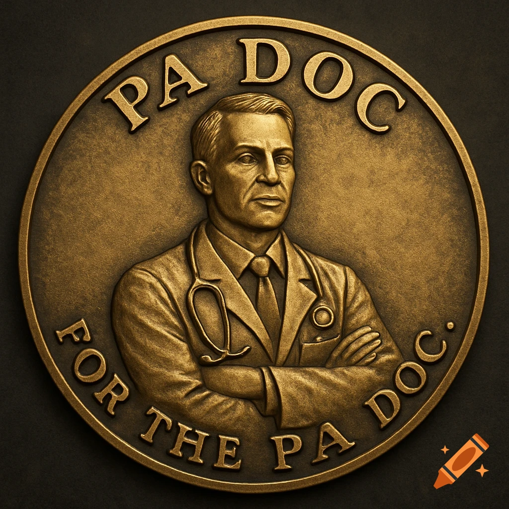 Bronze commemorative coin with embossed portrait of a man in lab coat, text 'PA DOC FOR THE PA DOC'.