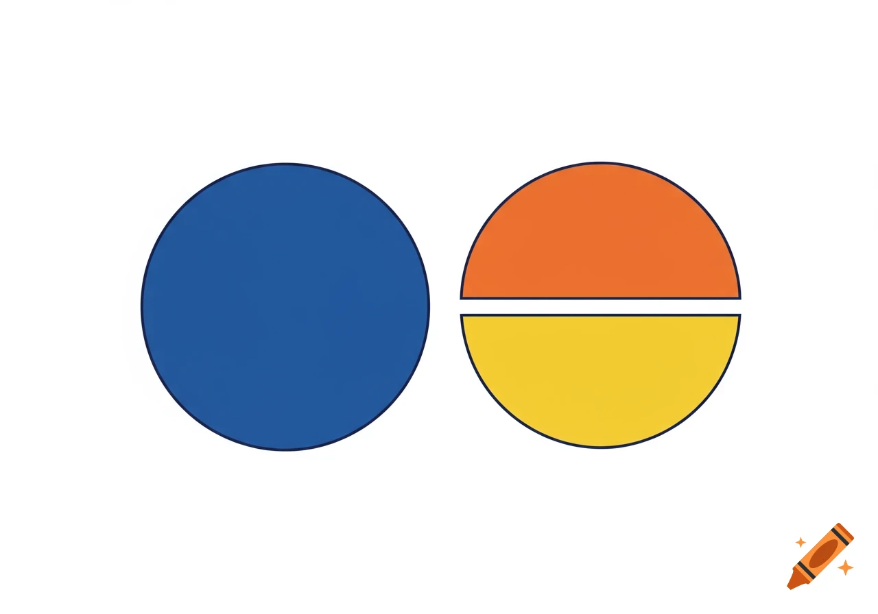 A blue circle next to a circle split horizontally with an orange top and yellow bottom.