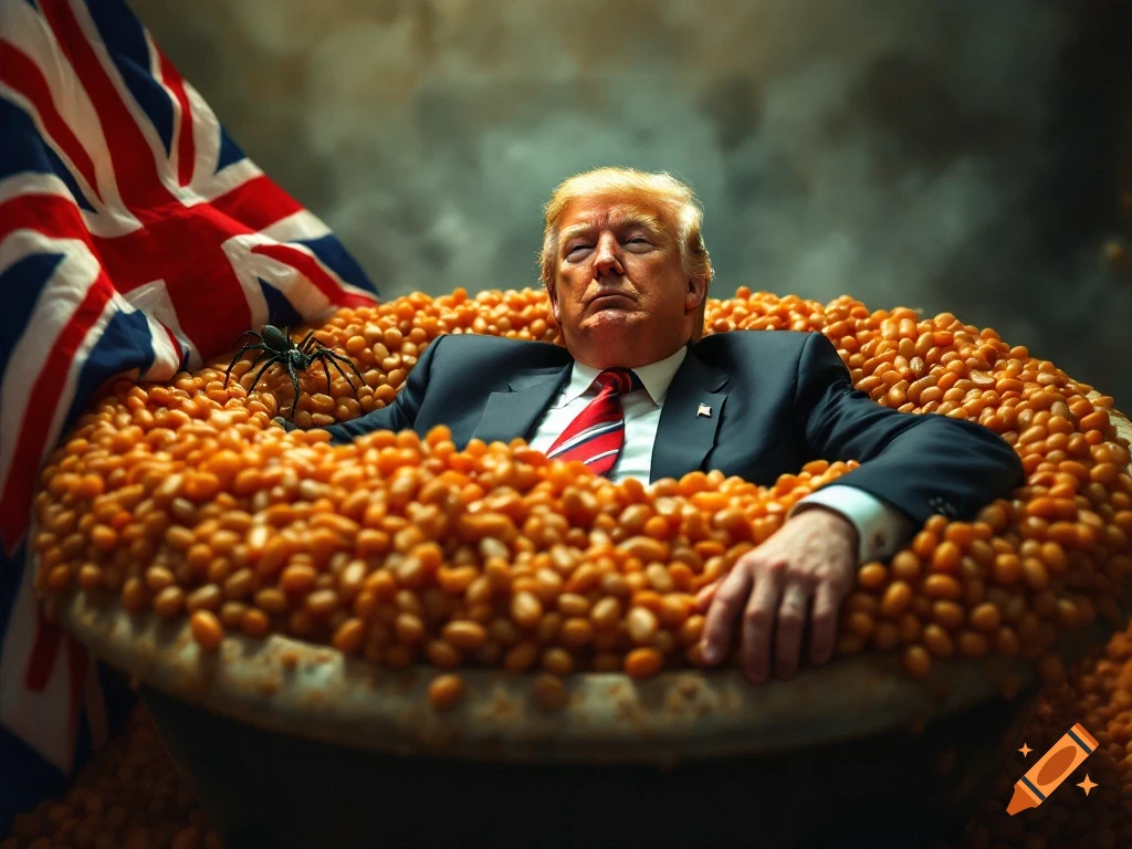 Photorealistic image of Donald Trump sitting in a bathtub filled with baked beans, next to a large spider and a British flag.