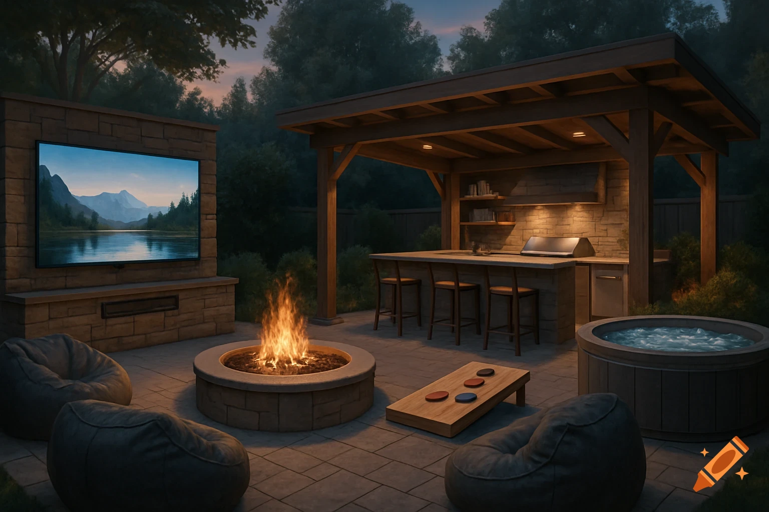 Outdoor patio with TV, fire pit, bar, grill, hot tub, bean bag chairs, and cornhole game at dusk. Photorealistic.