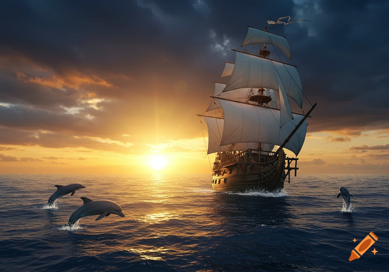A galleon ship sails on the sea at sunset with dolphins jumping. Photorealistic style.