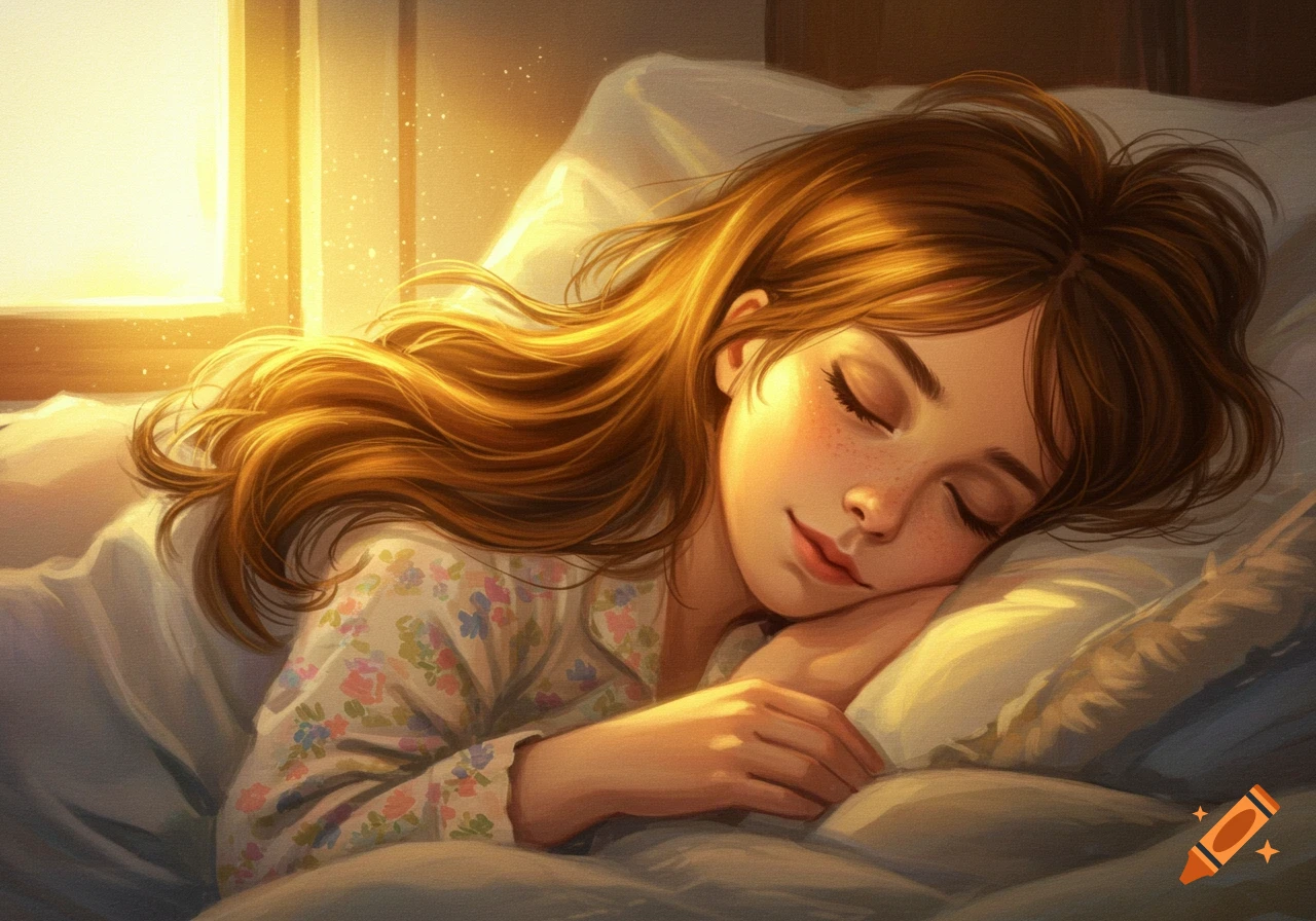 Young girl sleeping in bed in golden sunlight, oil painting style