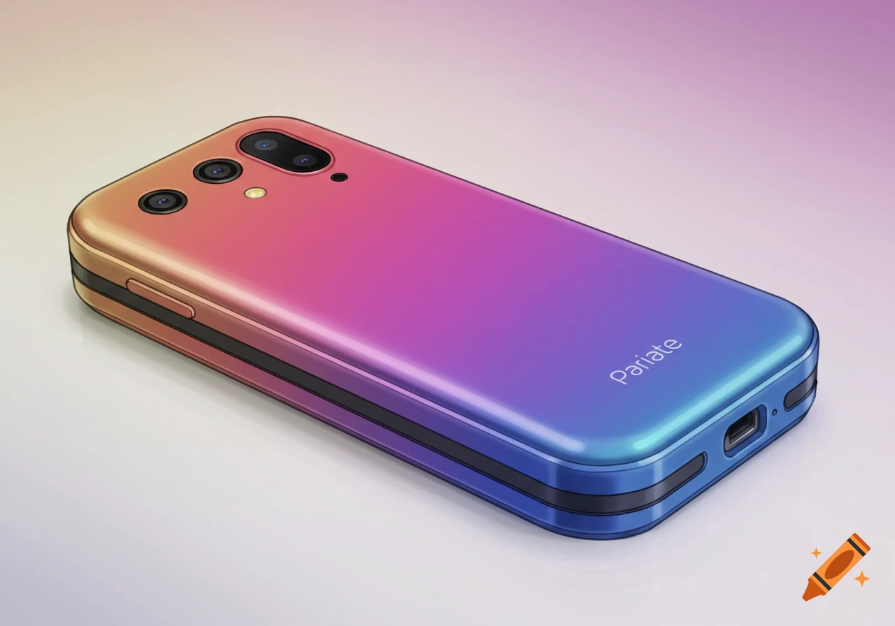 A close-up view of a smartphone with a pink and blue gradient finish.