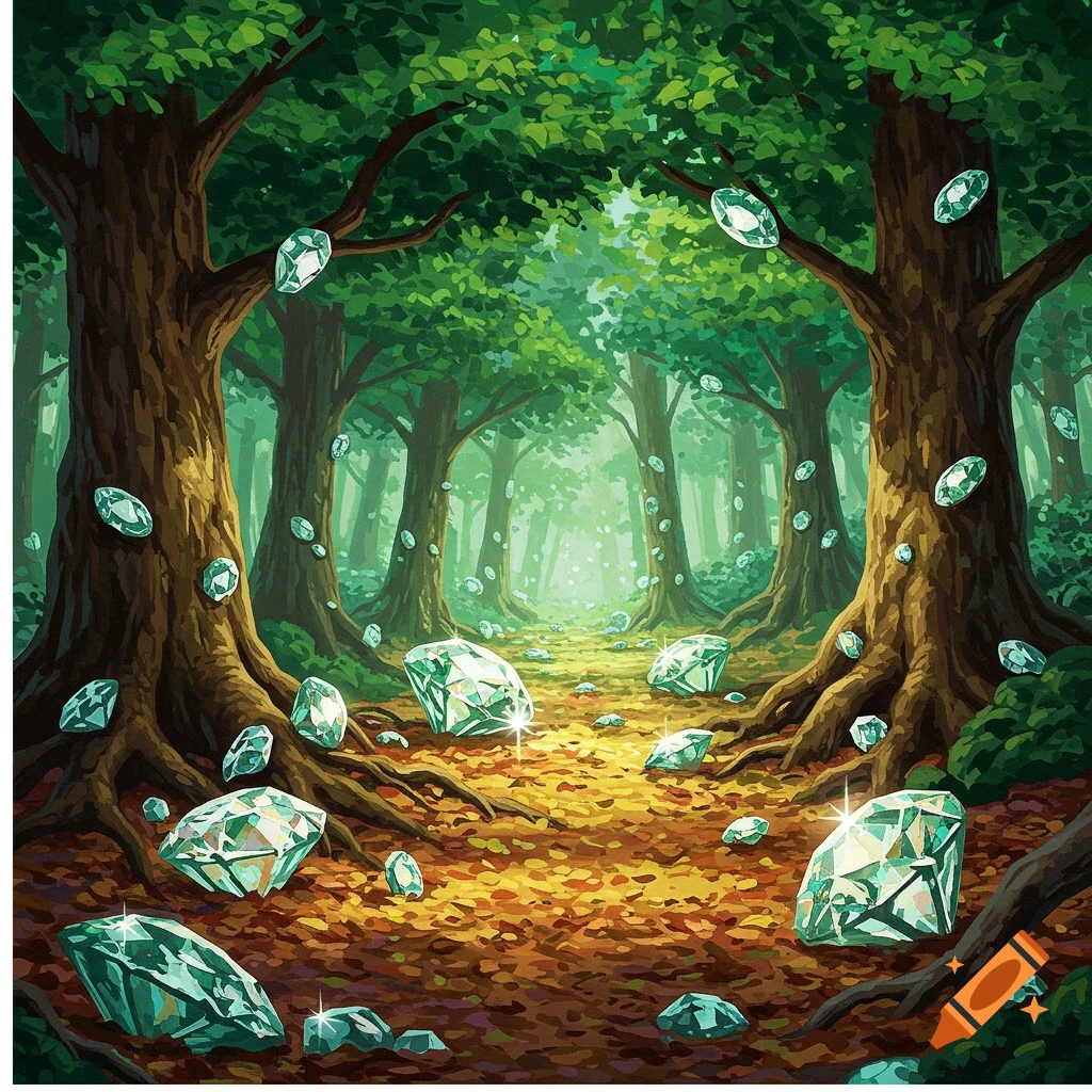 A fantasy illustration of a forest floor covered in large, sparkling diamonds, with more diamonds floating in the air between the trees.