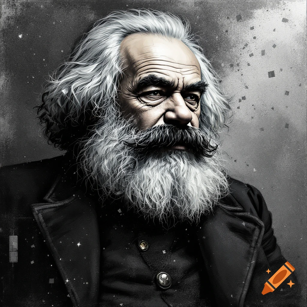 Stylized portrait of Karl Marx with a long white beard and dark coat.