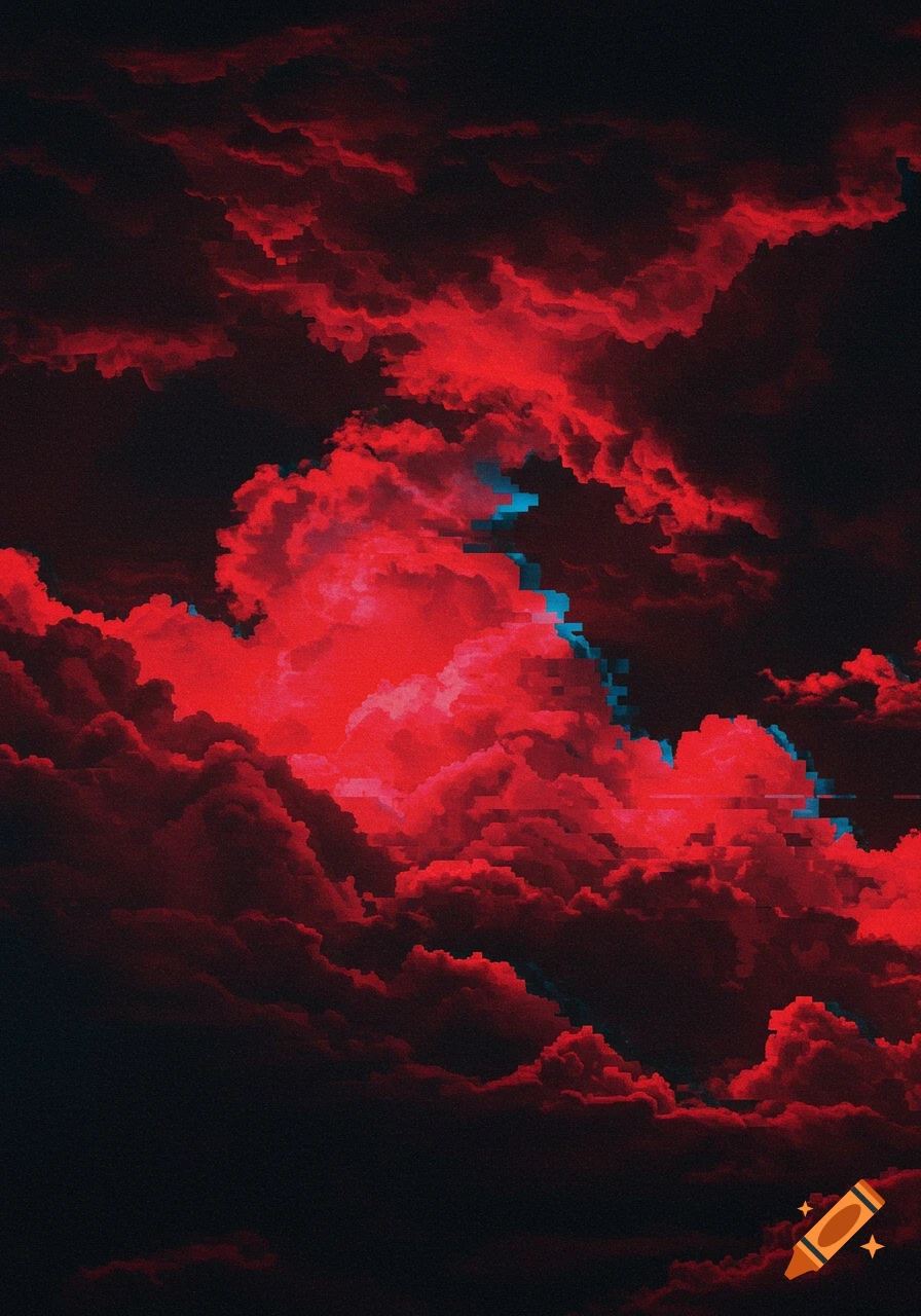 Dark clouds illuminated by red light with blue glitch effects.