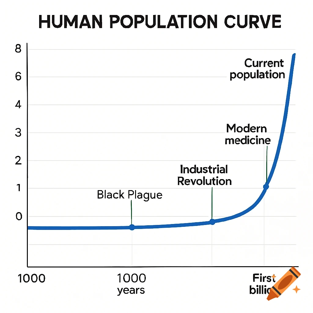 Line graph shows human population growth over time with historical events marked.