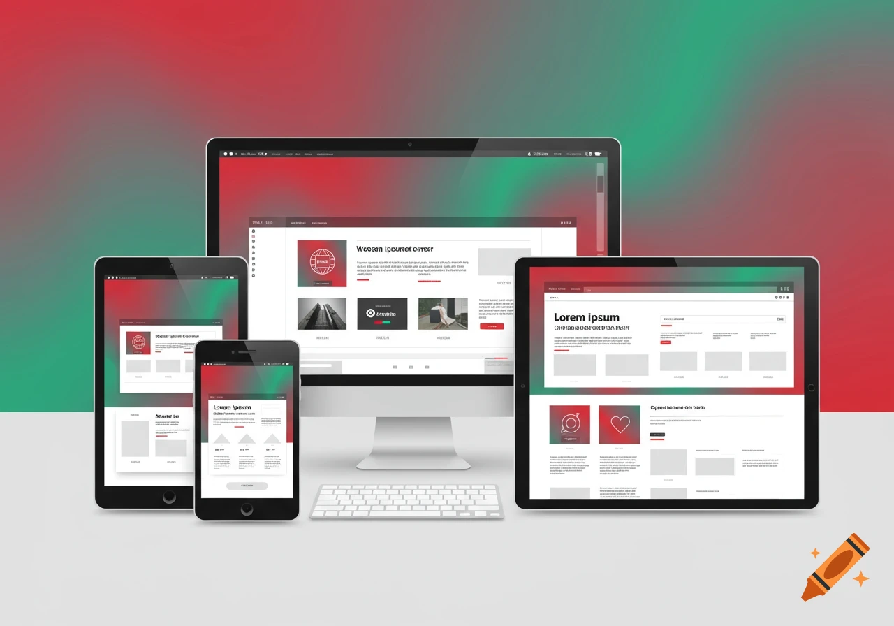 Electronic devices (monitor, tablet, phone) displaying website mockups against a red and green gradient background.