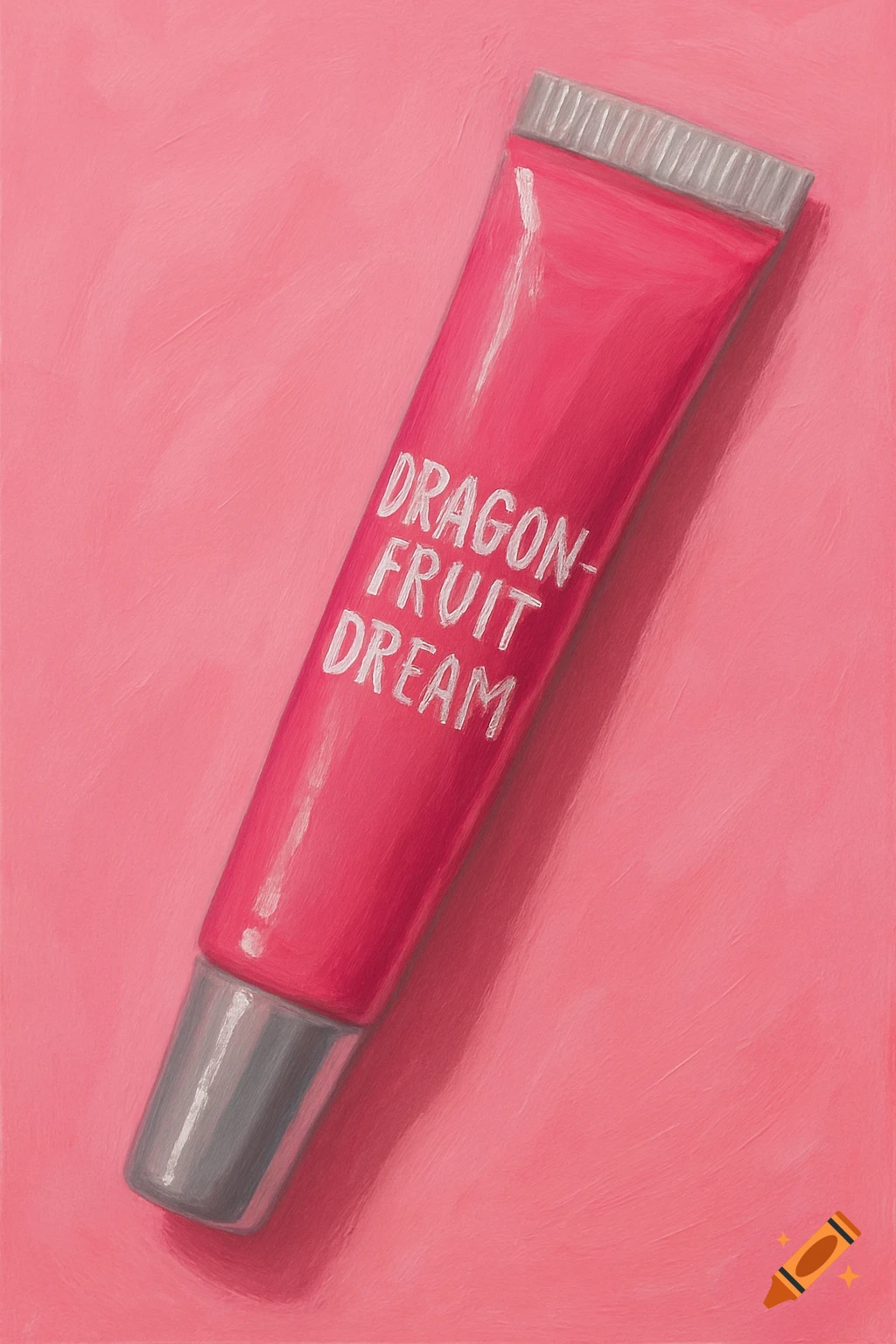 Oil painting of a pink lip gloss tube labeled "DRAGON- FRUIT DREAM" on a pink background.