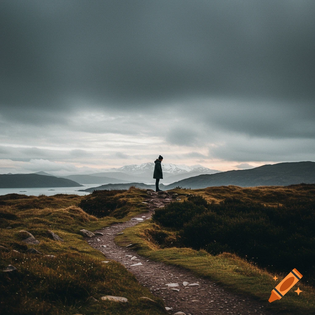 Person stands on a dirt path on a hill overlooking a lake and mountains under a cloudy sky.
