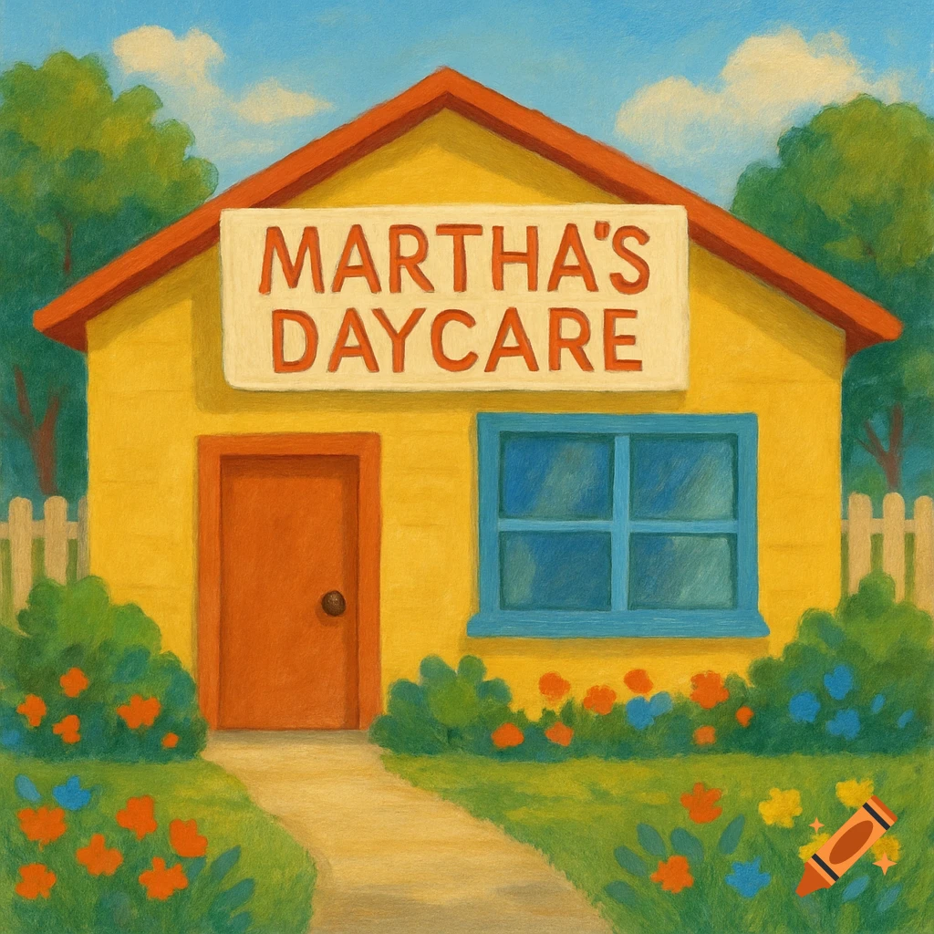 A painting of a yellow daycare building with a sign that reads MARTHA'S DAYCARE.