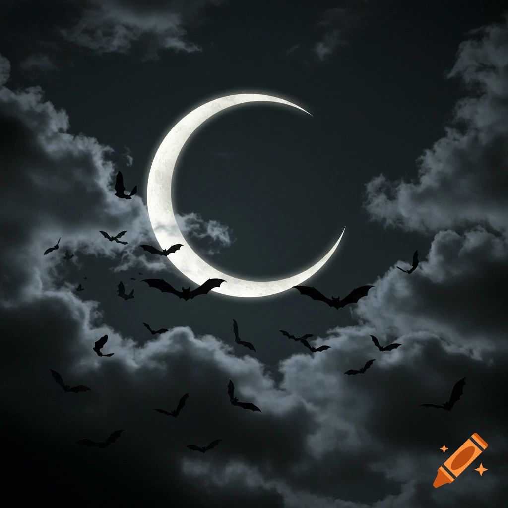 Silhouetted bats fly in a dark, cloudy sky with a bright crescent moon