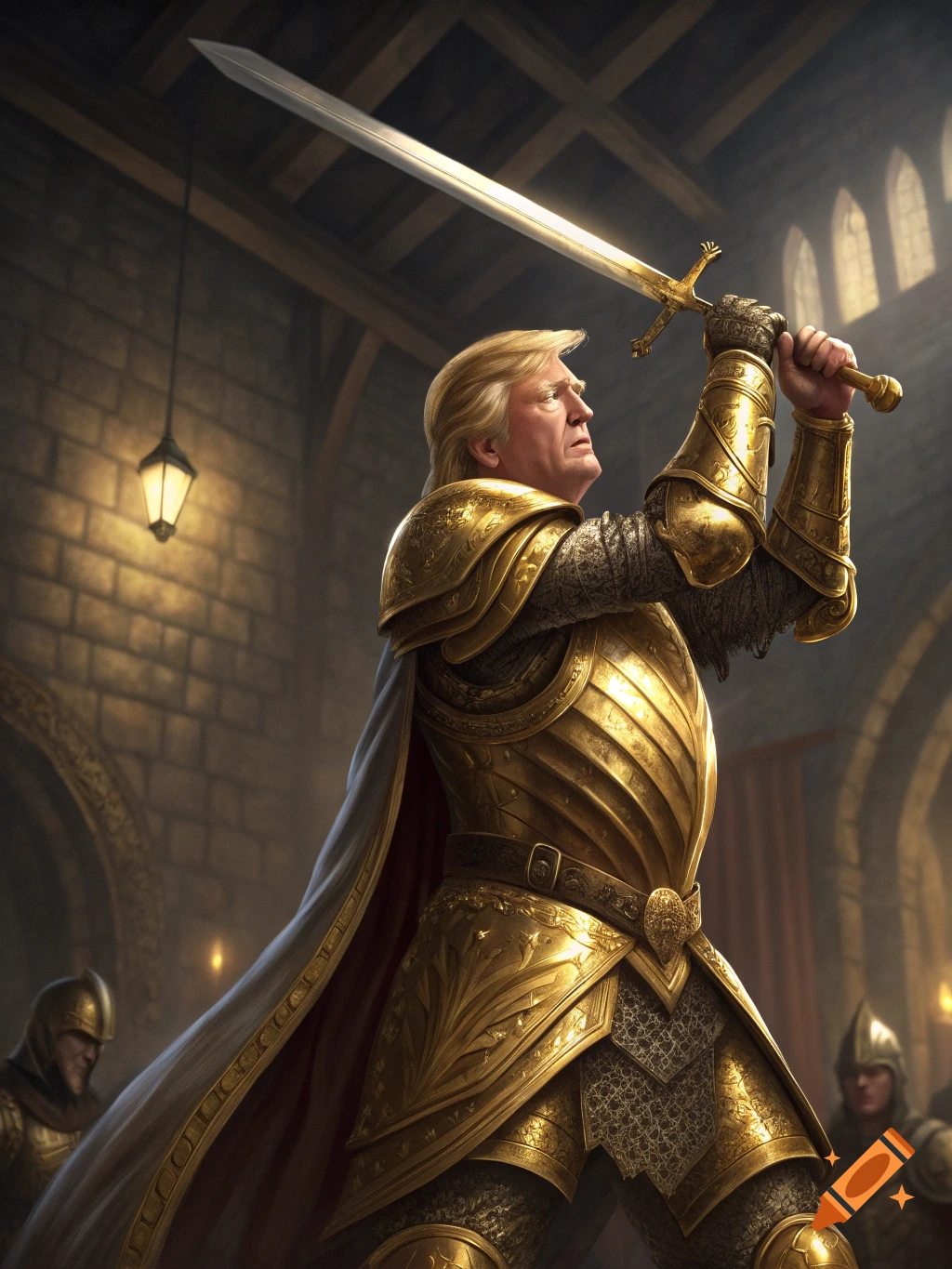 Donald Trump in golden armor holds a sword aloft in a castle.