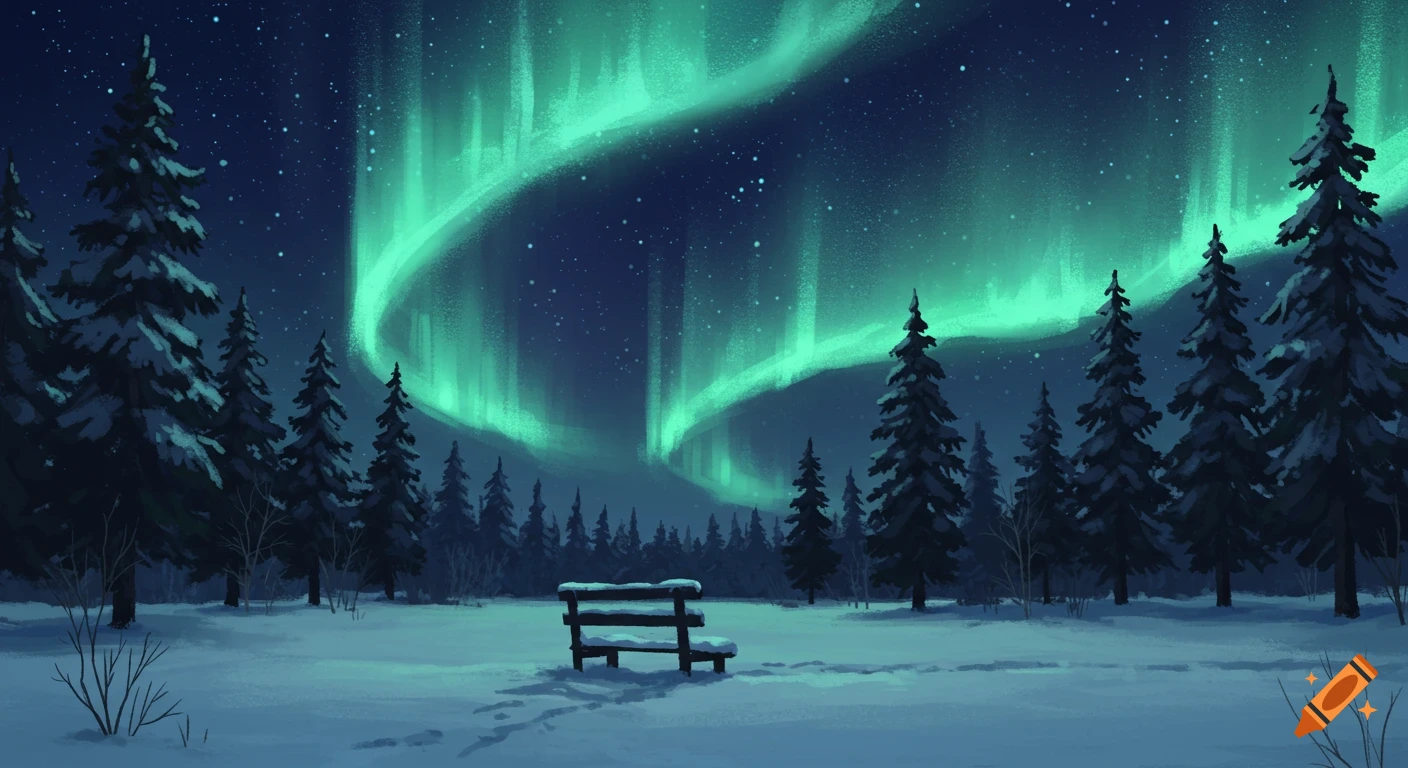 Painterly winter landscape with aurora borealis over snow-covered trees and a bench.