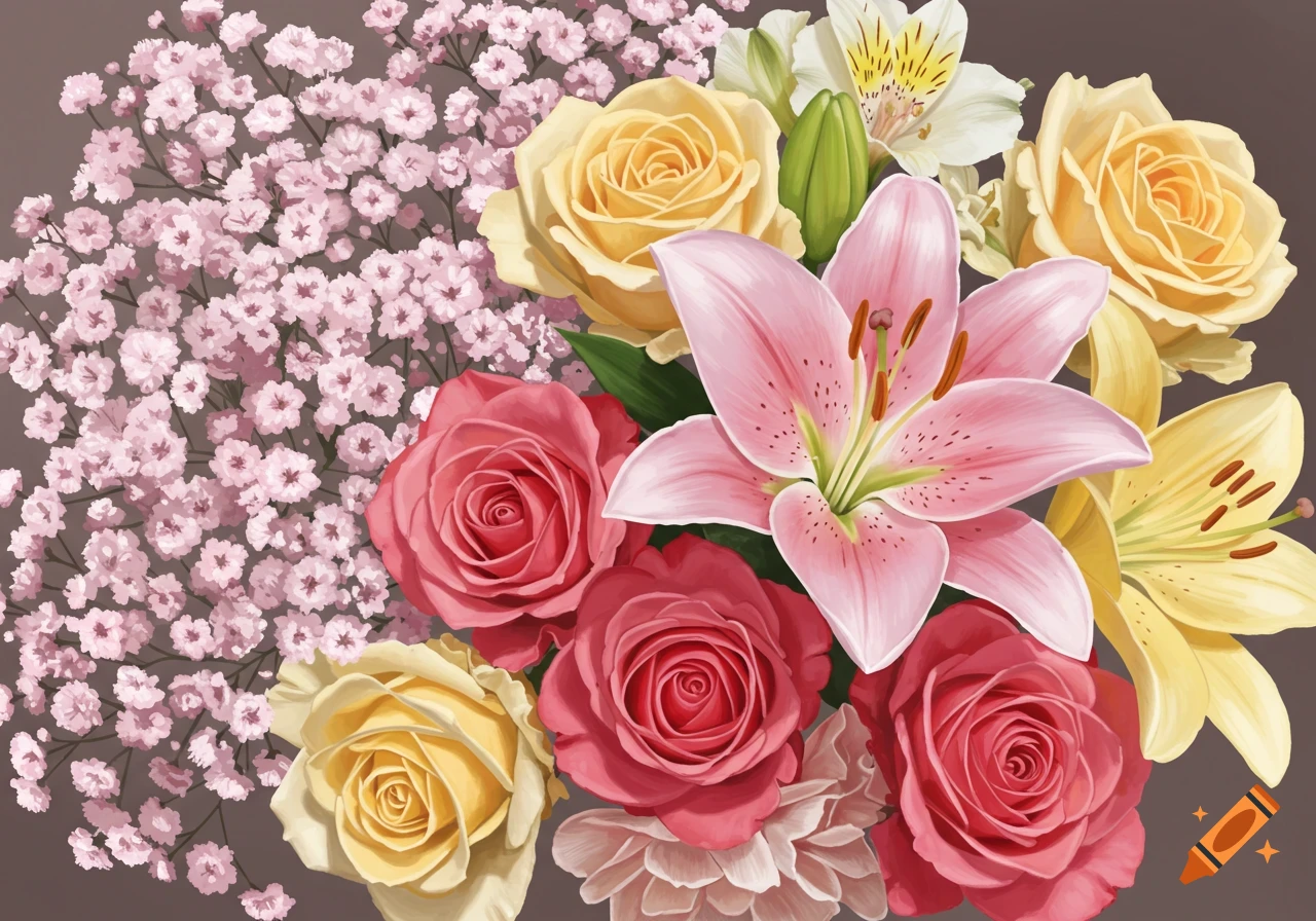 Close-up of a bouquet with pink lilies, yellow and red roses, and pink baby's breath in an illustrative style.