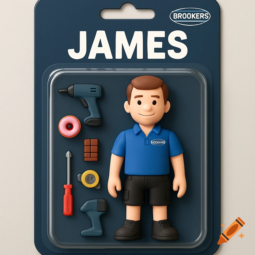 3D render of a cartoonish action figure named James in blister packaging with tools.