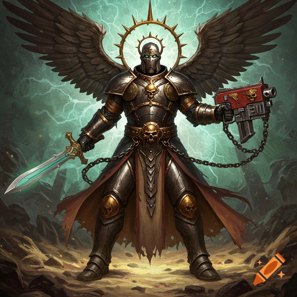Heavily armored warrior with wings, holding a sword and gun, standing in a rocky landscape.