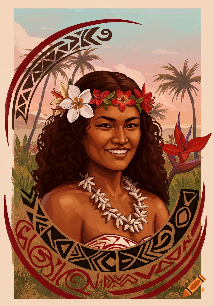 Portrait of a Samoan woman with flowers and tribal patterns in a tropical setting, painted style.