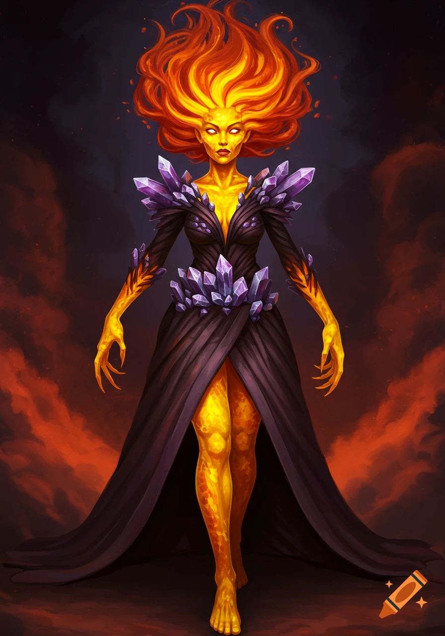 A female fantasy character made of fire and crystals in a dark dress.