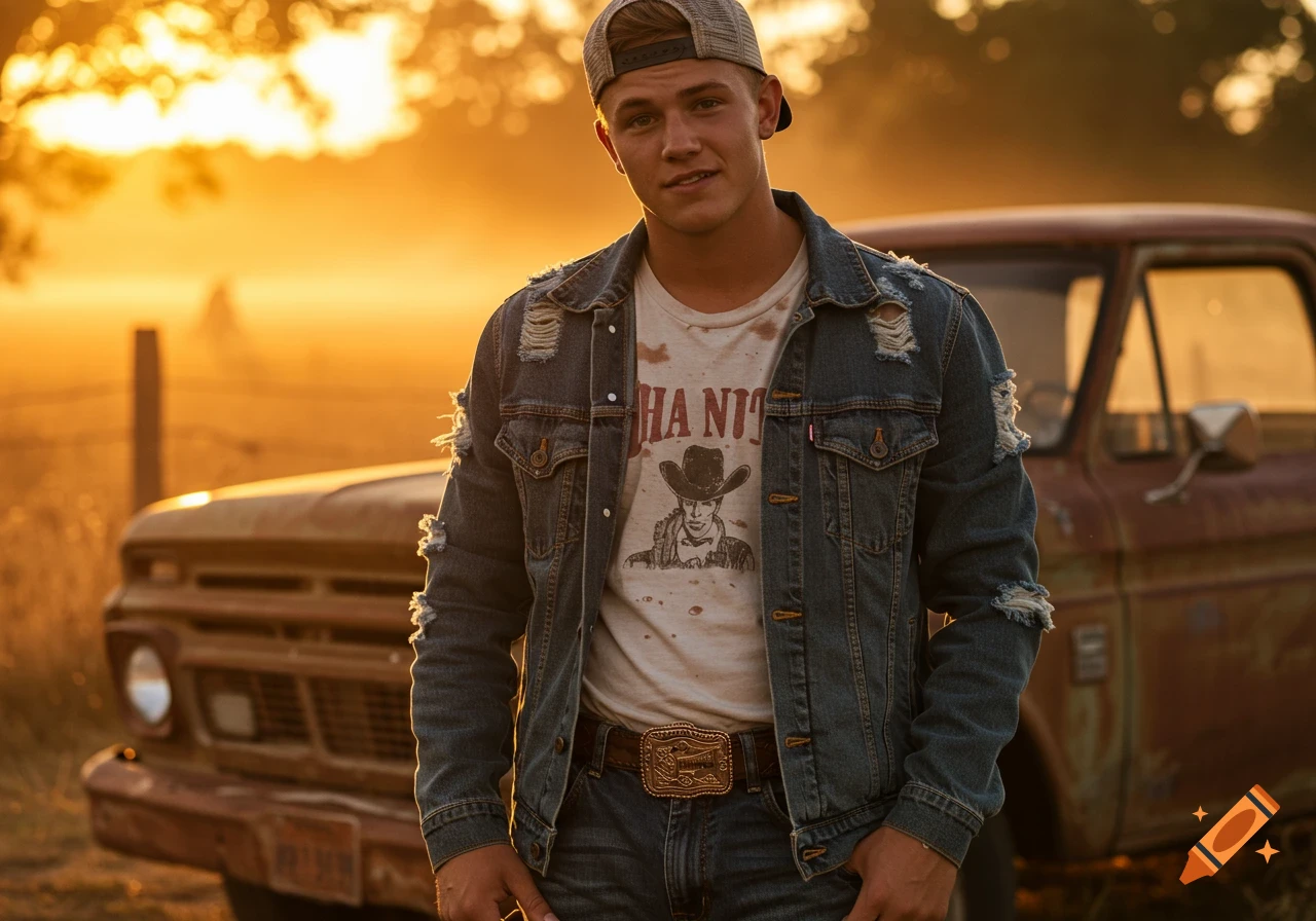 Photorealistic portrait of a young man in a denim jacket and hat standing in front of a truck at sunset.