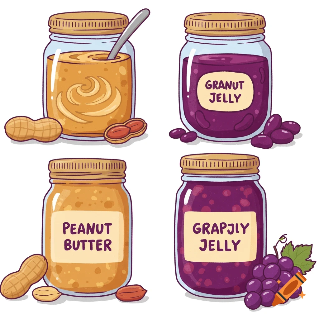 Four clipart style illustrations of jars of peanut butter and jelly with peanuts and grapes.