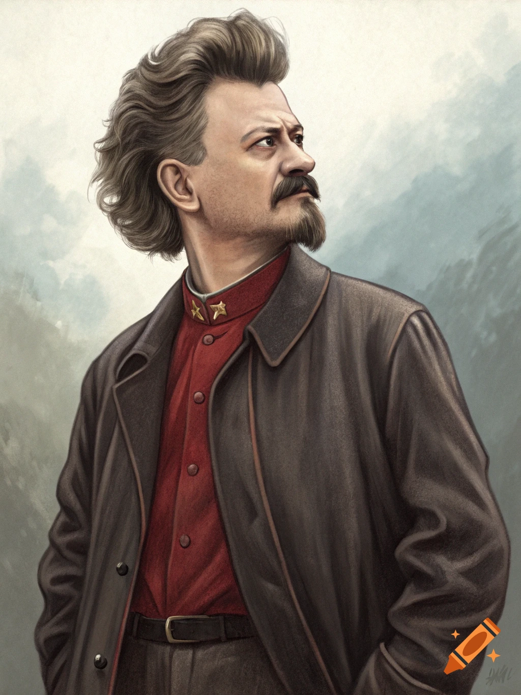 Illustration of a man resembling Leon Trotsky with a voluminous hairstyle, wearing a red shirt and dark coat.
