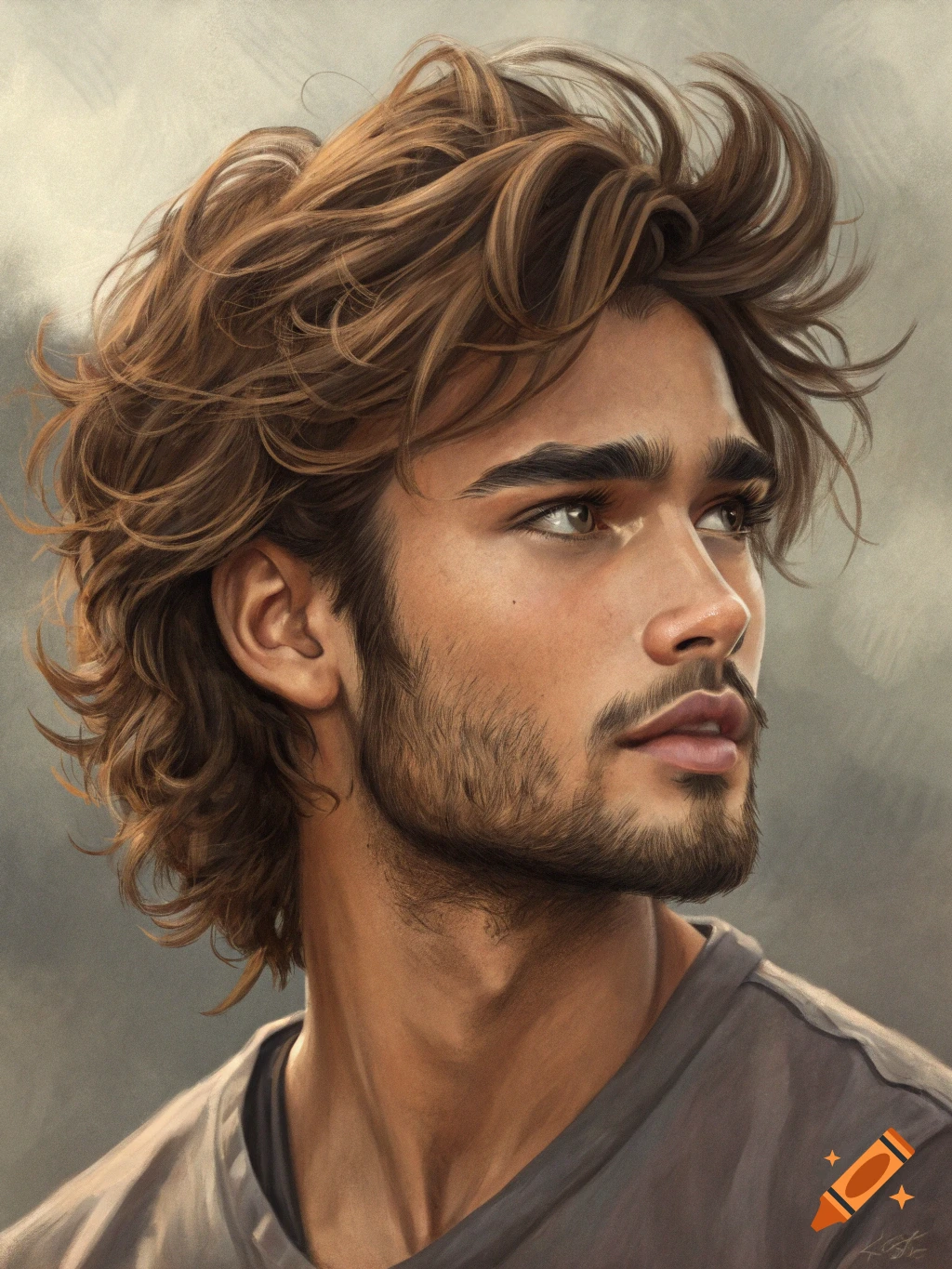 A painted portrait of a young man with messy brown hair and a beard, looking to the side.