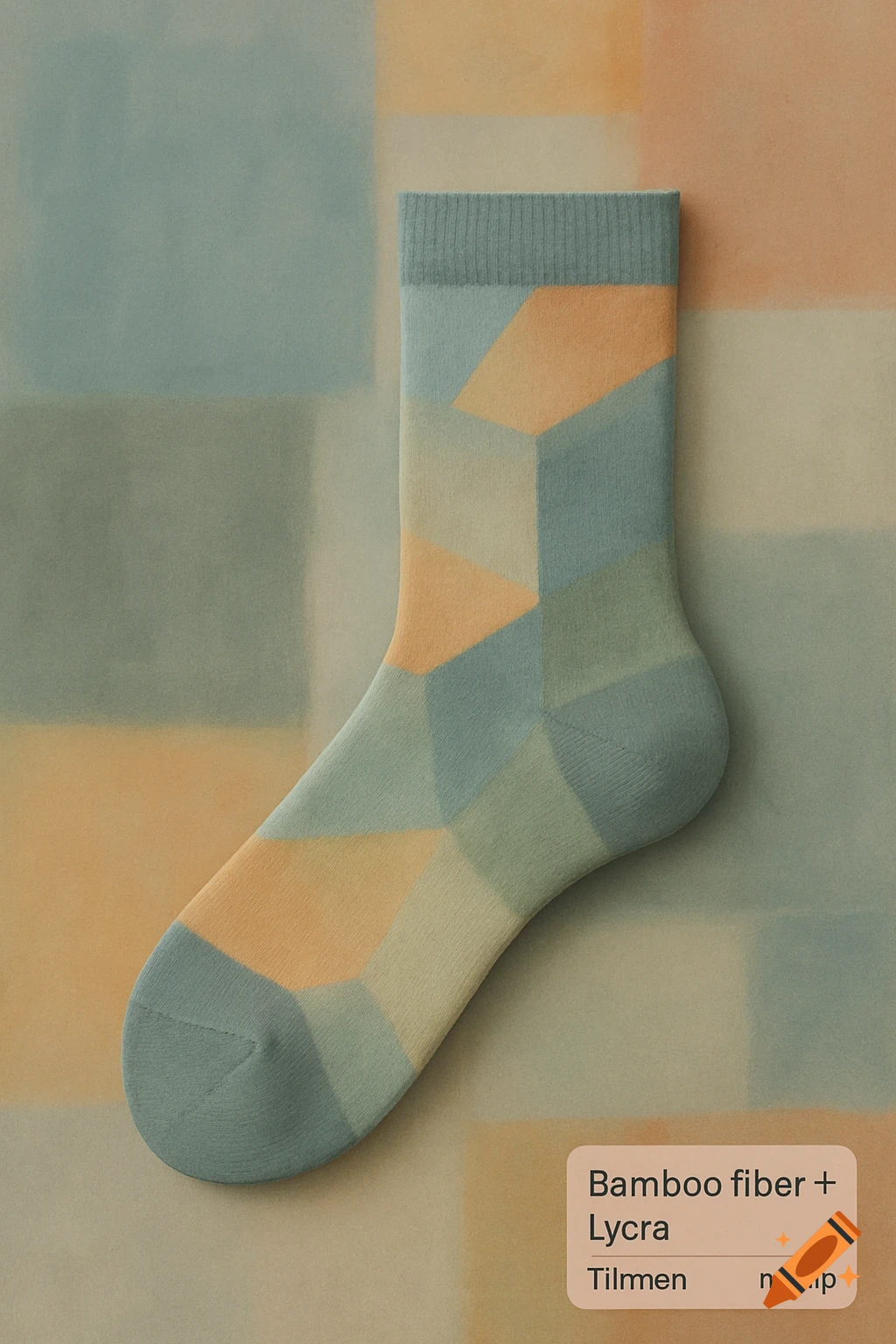 A sock with geometric blue, orange, and green patterns against a blurry colored background.