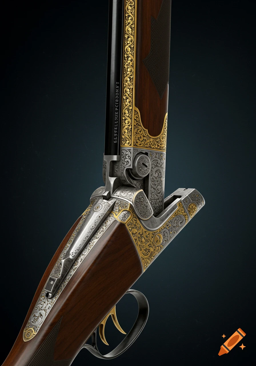 Close-up of an ornate over-and-under shotgun with detailed gold ...