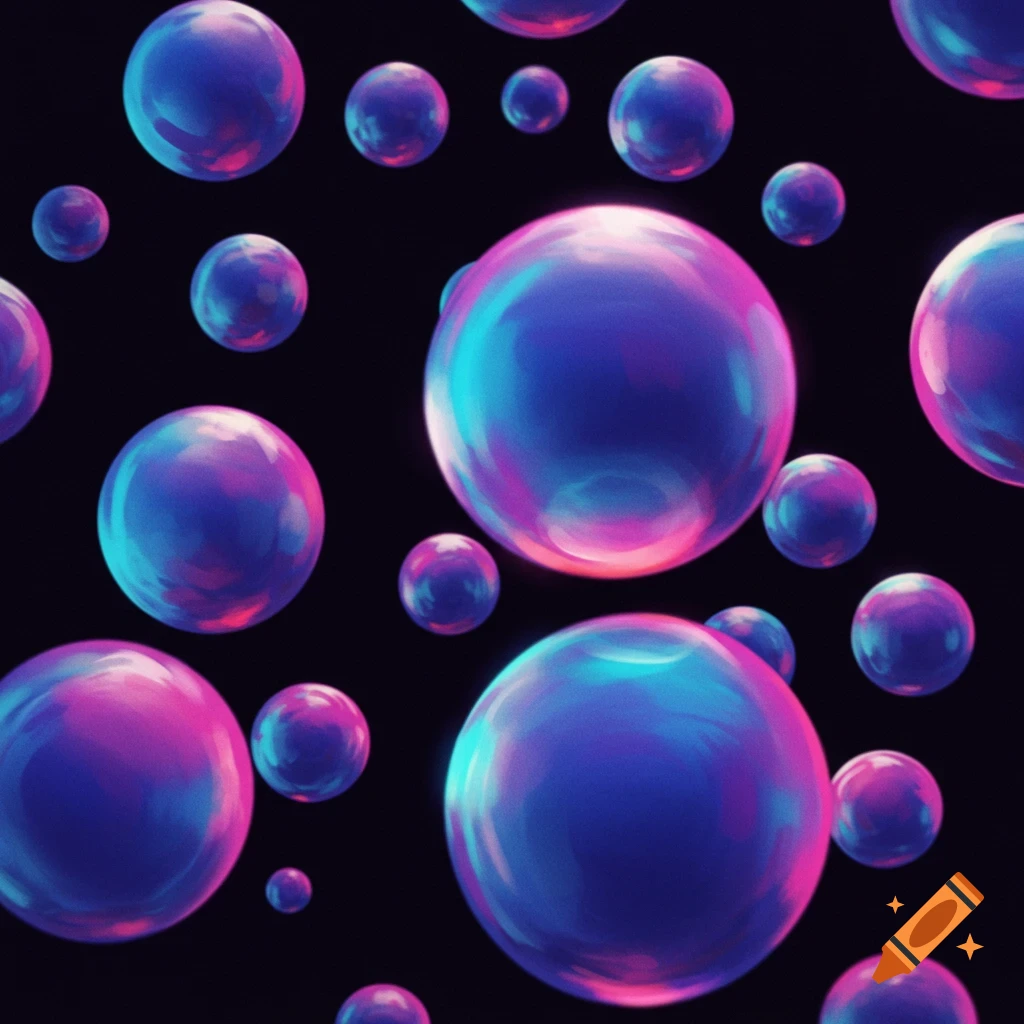 Multiple iridescent spheres in shades of pink, purple, and blue on a dark background.