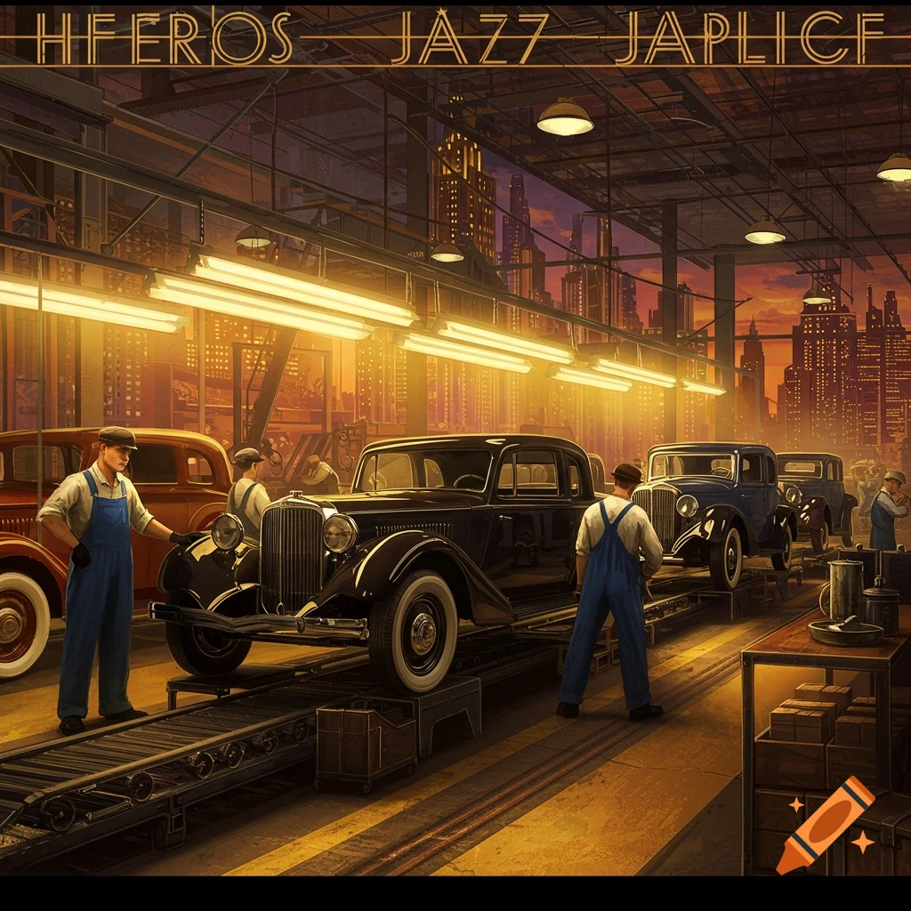 Illustration of a Jazz Age car factory with workers assembling vintage automobiles, cityscape in the background, Art Deco style.