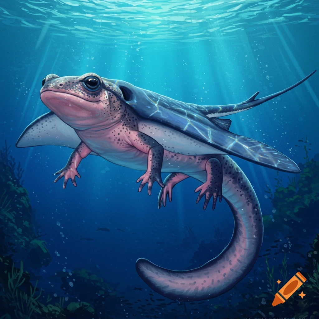 Fantasy creature combining a frog/salamander and a stingray swimming underwater, digital art