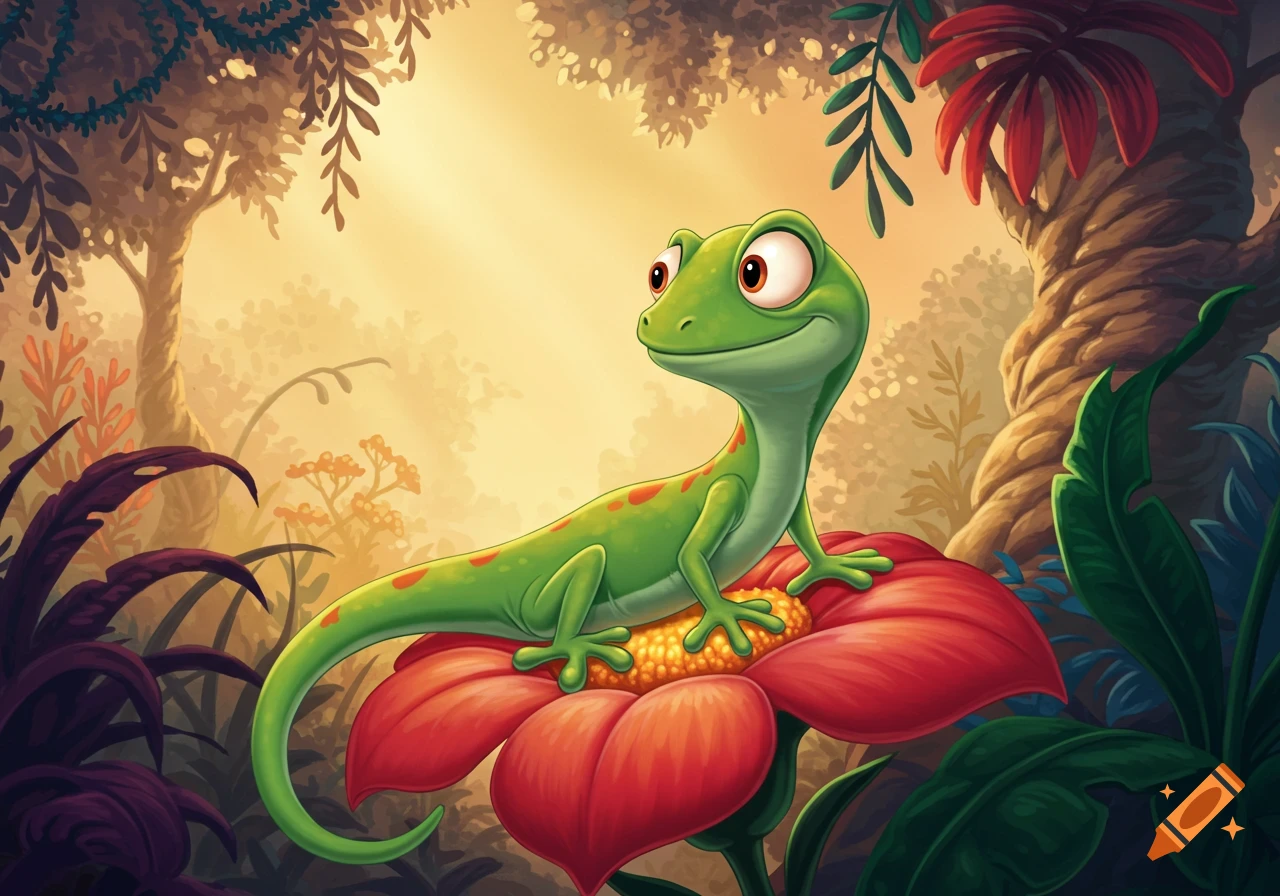 Cartoon green lizard on a red flower in a jungle, illustration style