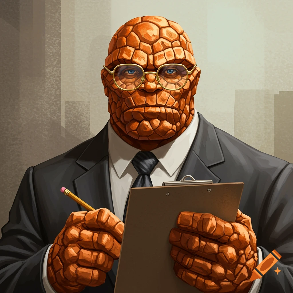 Marvel's The Thing in a suit and glasses, holding a clipboard and pencil.