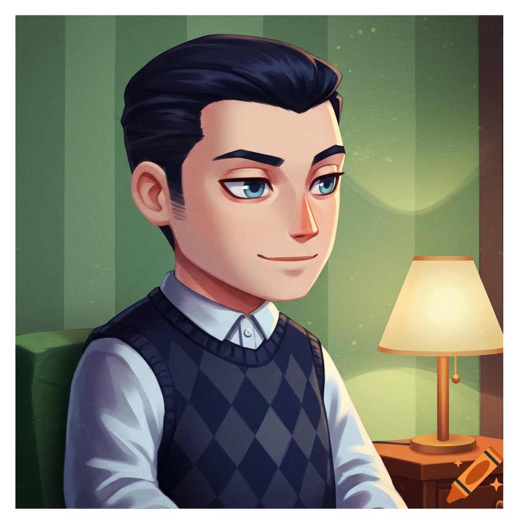 A stylized cartoon man in a sweater vest sits by a lamp.