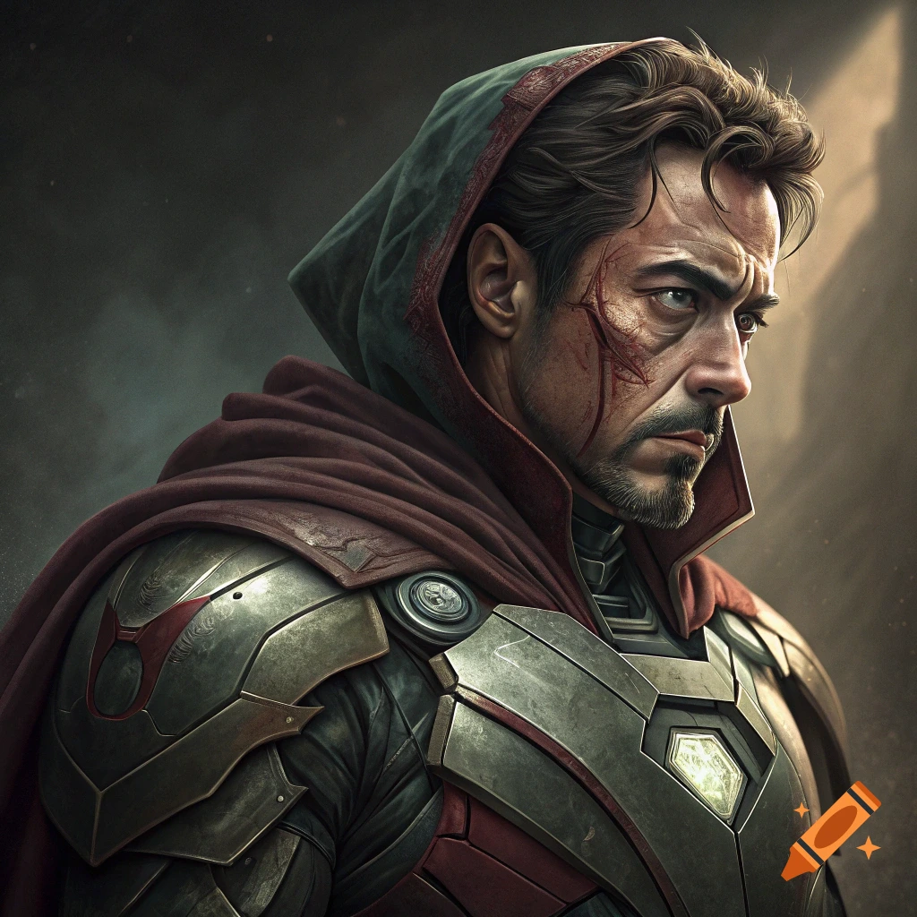 Portrait of a man resembling Robert Downey Jr. wearing hood, cape, and armor with face scars