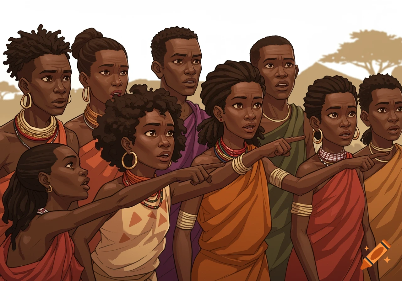 An illustration of a group of African people in traditional clothing looking surprised and pointing to the right.