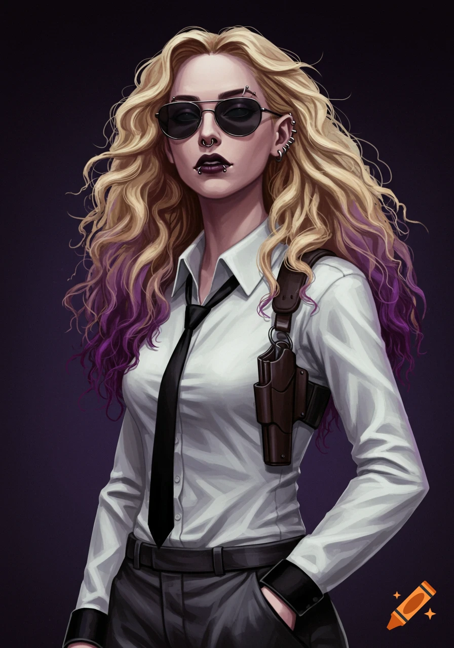 Digital illustration of a woman with blonde and purple hair, sunglasses, piercings, shirt, tie, and shoulder holster.