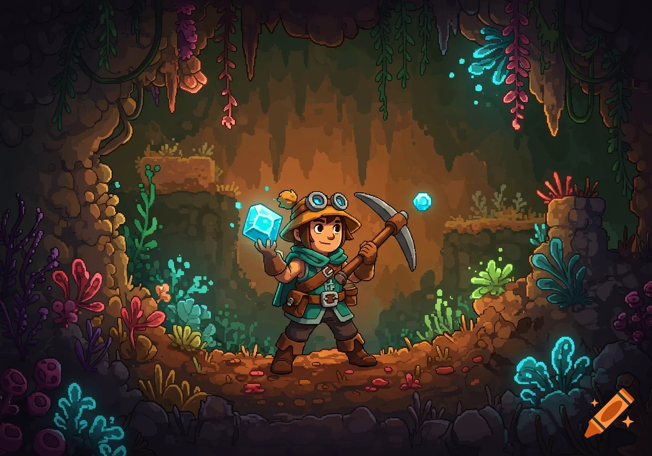 A pixel art character in a cave holds a glowing gem and a pickaxe.