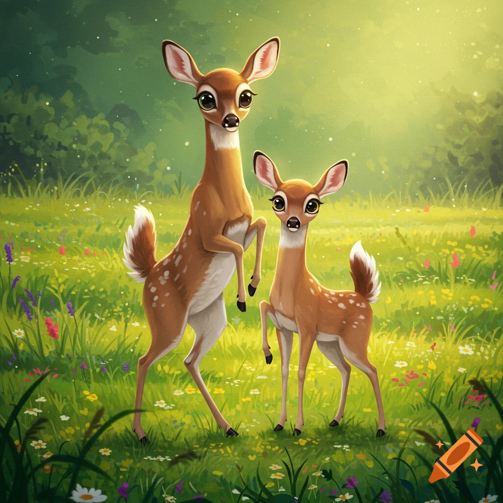 Two stylized deer stand in a grassy meadow with flowers.