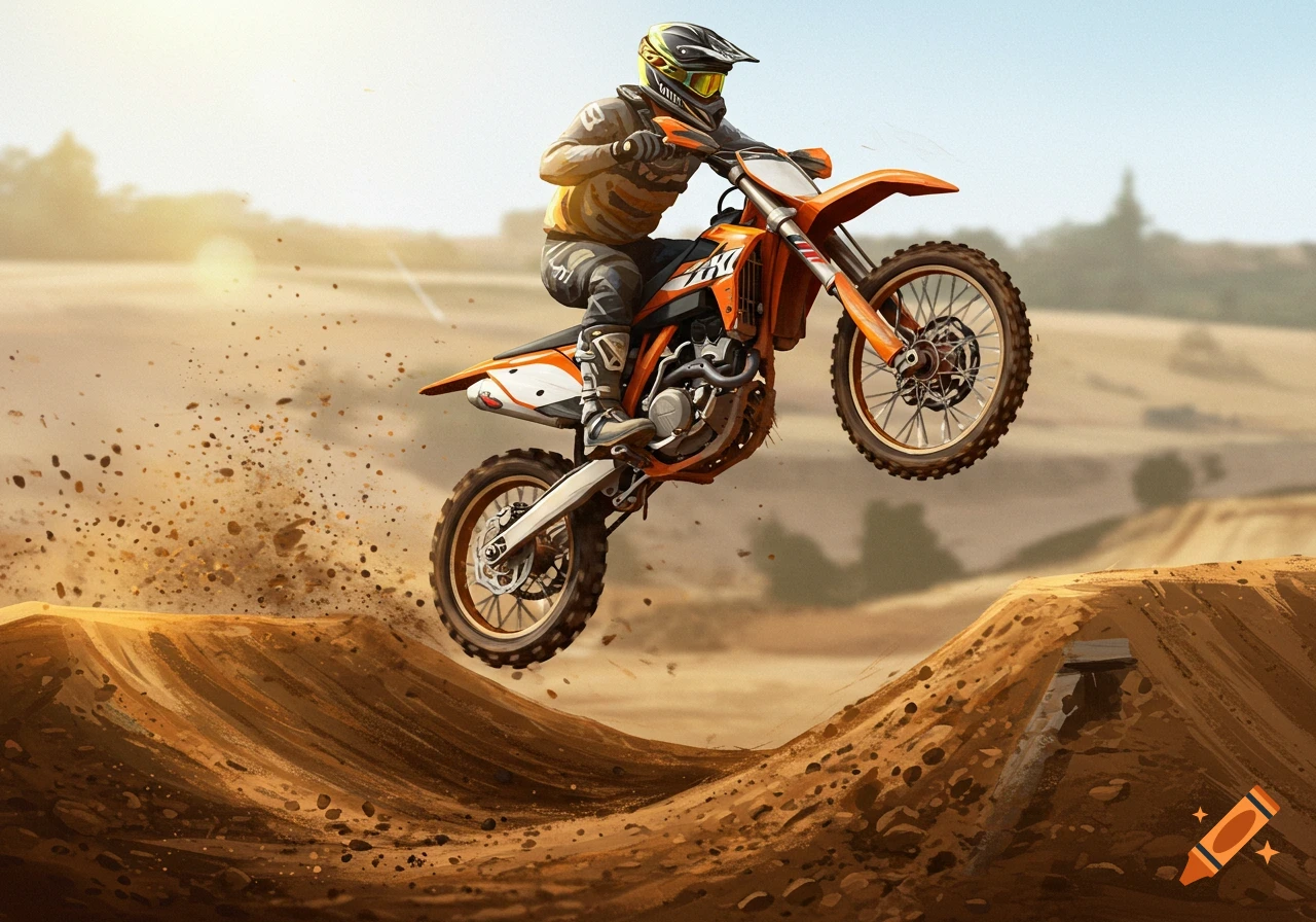 Illustration of an orange dirt biker jumping over a mound, kicking up dust.