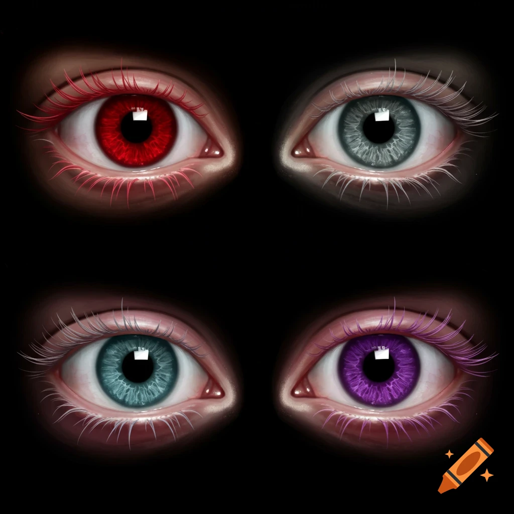 Four stylized eyes with different colors: red, grey, blue, and purple on a black background.