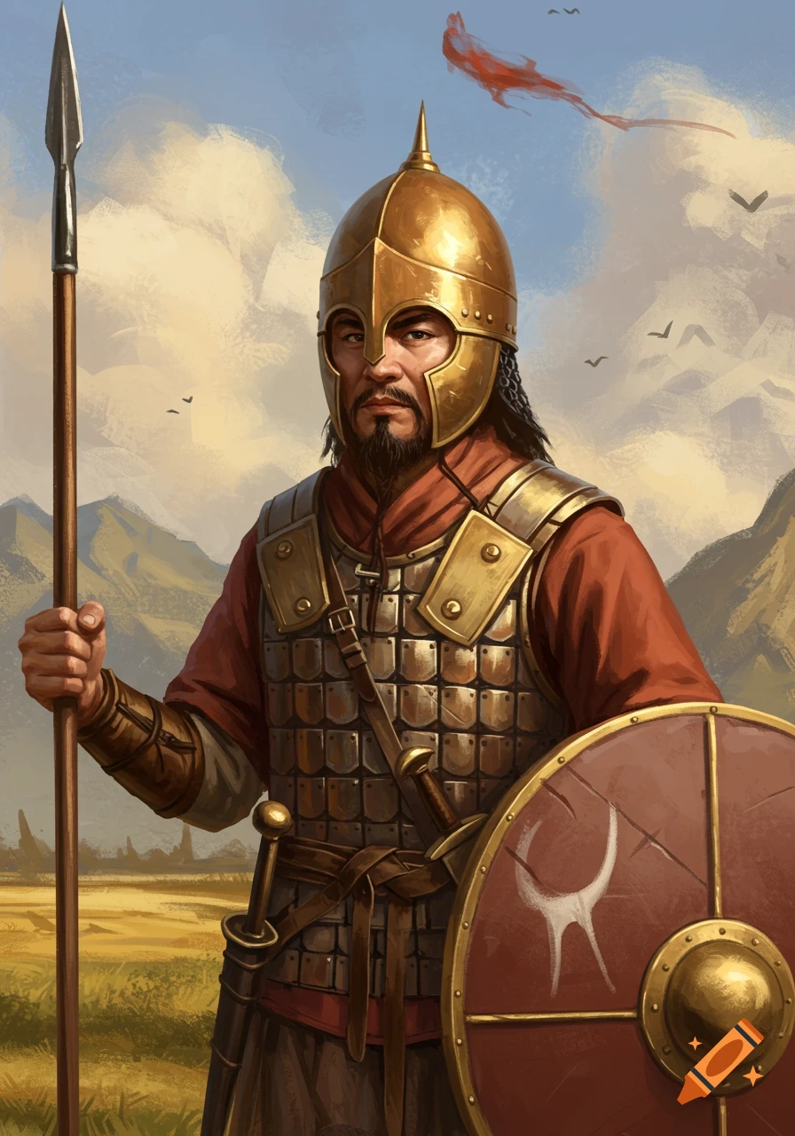 Asian soldier in ancient armor with spear and shield in a landscape